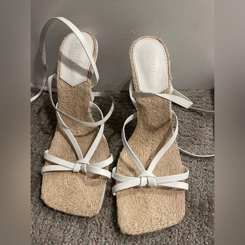 SCHUTZ white & raffia tie up heels